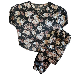 Midnight Bakery Women’s Floral Black and Pink Pajama Set Small Lace Joggers